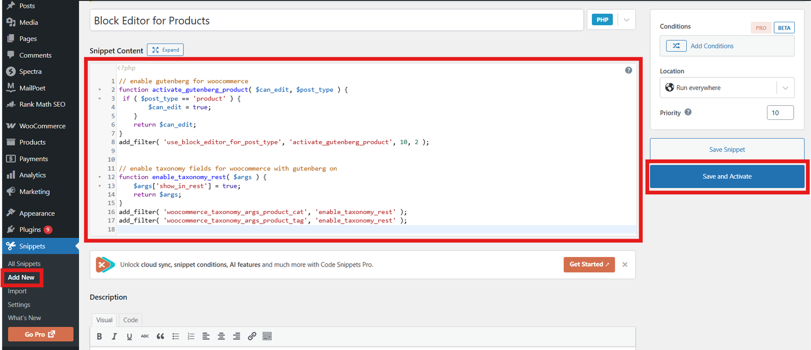 Adding New Code Snippet and Saving and Activating the Code Snippet